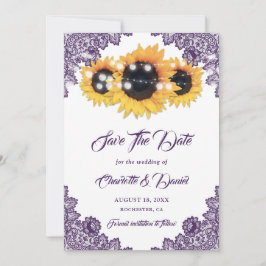 Purple Rustic Floral Lace Sunflower Wedding セーブザデート