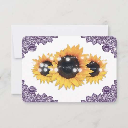 Purple Rustic Floral Lace Sunflower Wedding 出欠カード (正面)