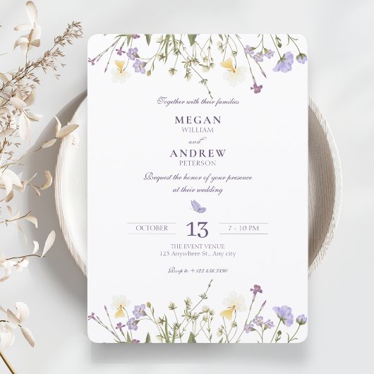 Purple Rustic Wildflowers wedding 招待状