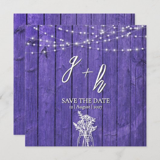 Purple Rustic Wood String Lights Boho Mason Jar 案内状 (正面/裏面)