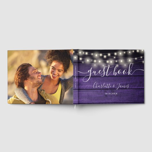 Purple Rustic Wood String Lights Photo Wedding ゲストブック (全面)