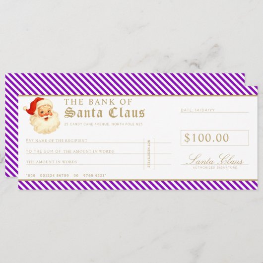 Purple Santa Cheque Gift Voucher Card 招待状 (正面/裏面)