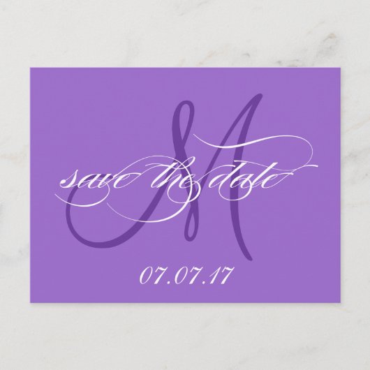 Purple Save the Date Monogramはがき 案内ポストカード (正面)