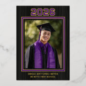 Purple School Colors Photo Graduation Announcement 箔招待状 (正面)