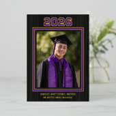 Purple School Colors Photo Graduation Announcement 箔招待状 (立ち正面)