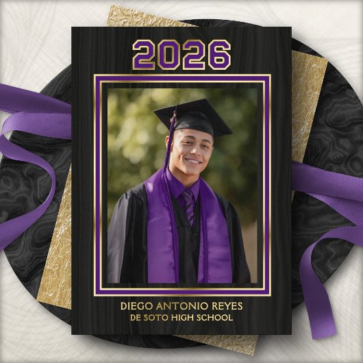 Purple School Colors Photo Graduation Announcement 箔招待状