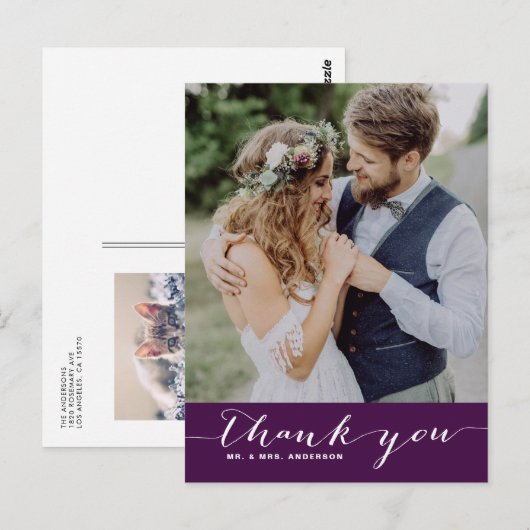 Purple Script 結婚's Thank You Verticalはがき ポストカード (正面/裏面)