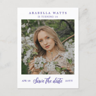 Purple Script Sweet 16 Photo Save the Date 案内ポストカード