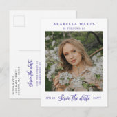 Purple Script Sweet 16 Photo Save the Date 案内ポストカード (正面/裏面)