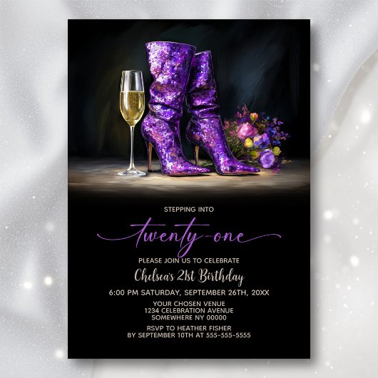 Purple Sequin Boots 21st Birthday Party 招待状