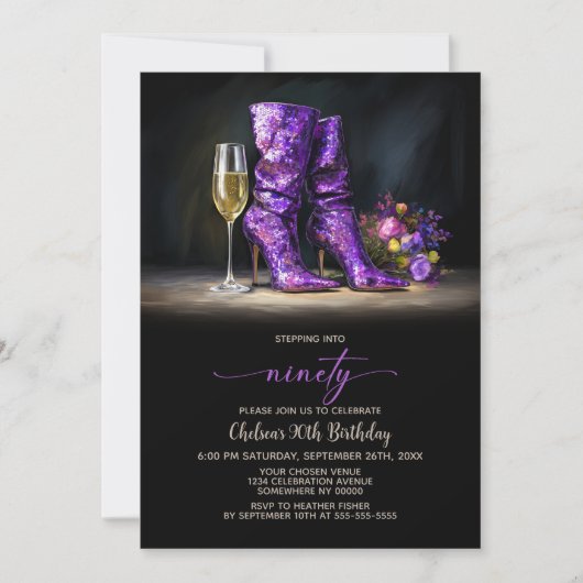 Purple Sequin Boots 90th Birthday Party 招待状 (正面)