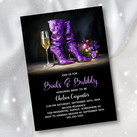 Purple Sequin Boots and Bubbly Bridal Shower 招待状