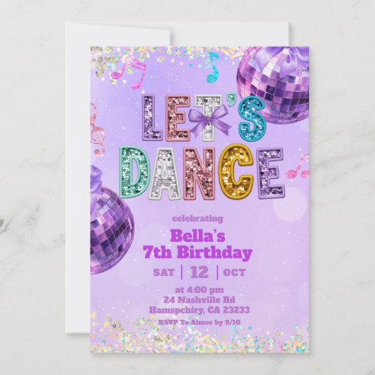Purple Sequin Glitter Let's Dance Birthday 招待状 (正面)