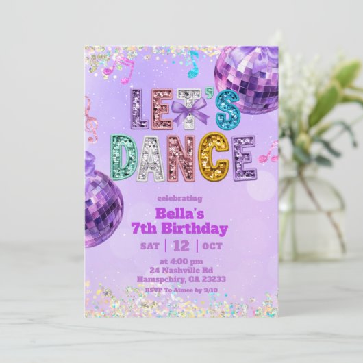 Purple Sequin Glitter Let's Dance Birthday 招待状 (スタンド正面)