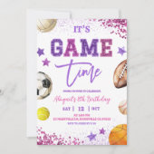 Purple Sequin Sports Birthday 招待状 (正面)