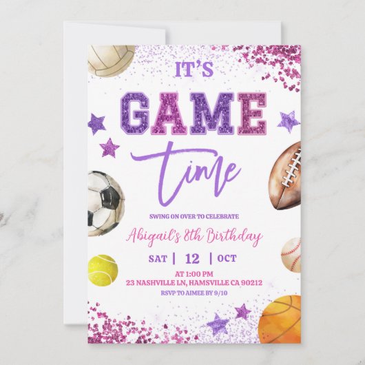 Purple Sequin Sports Birthday 招待状 (正面)