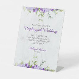 Purple Shades Flowers Branches Unplugged Wedding 台座サイン