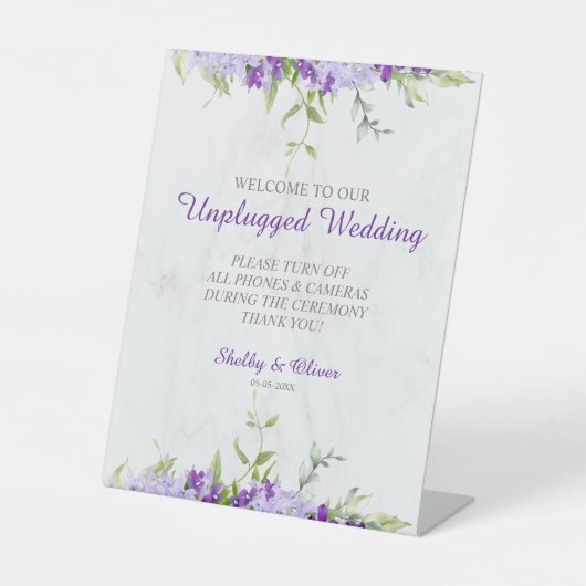 Purple Shades Flowers Branches Unplugged Wedding 台座サイン (正面)