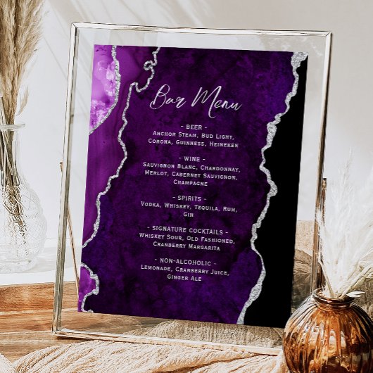 Purple Silver Agate Script Wedding Bar Menu  ポスター