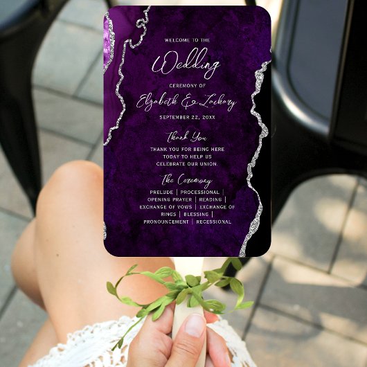 Purple Silver Agate Script Wedding Program ハンドファン