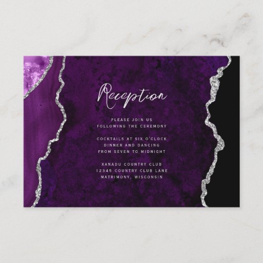 Purple Silver Agate Script Wedding Reception エンクロージャーカード (正面)