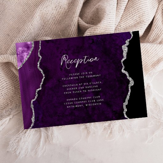 Purple Silver Agate Script Wedding Reception エンクロージャーカード