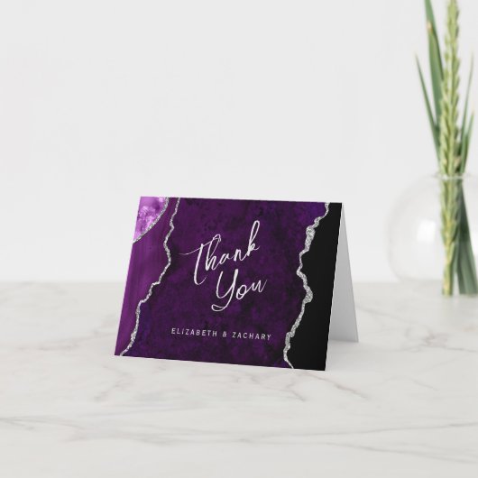 Purple Silver Agate Script Wedding Thank You カード (正面)