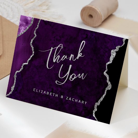 Purple Silver Agate Script Wedding Thank You カード