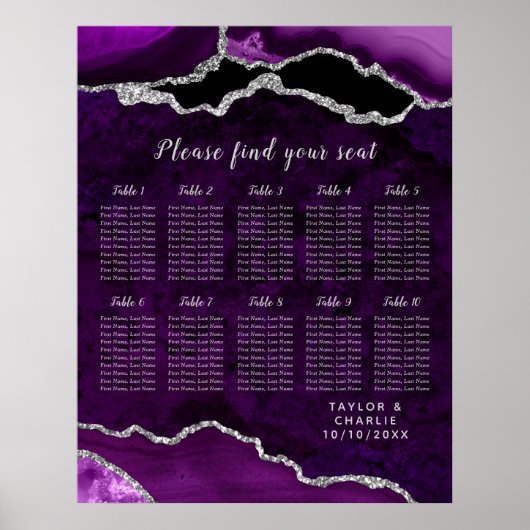 Purple Silver Agate Wedding Seating Chart 12 Table ポスター (正面)