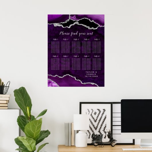 Purple Silver Agate Wedding Seating Chart 12 Table ポスター (ホームオフィス)