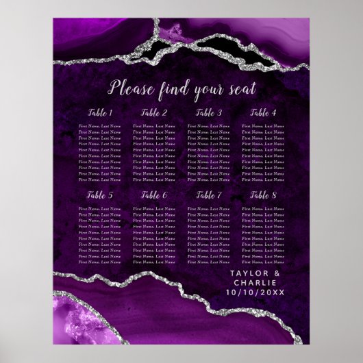 Purple Silver Agate Wedding Seating Chart 8 Table ポスター (正面)