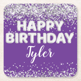 Purple Silver Birthday Party スクエアペーパーコースター