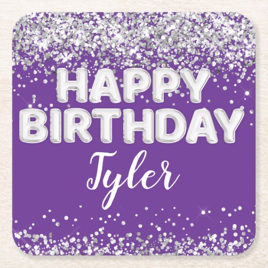 Purple Silver Birthday Party スクエアペーパーコースター (正面)