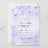Purple Silver Butterfly First Holy Communion  招待状 (正面)