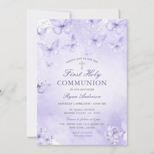 Purple Silver Butterfly First Holy Communion  招待状 (正面)