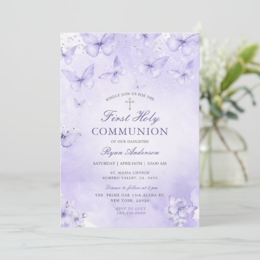 Purple Silver Butterfly First Holy Communion 招待状 (スタンド正面)