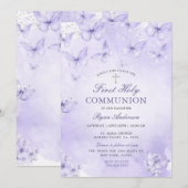 Purple Silver Butterfly First Holy Communion  招待状 (正面/裏面)