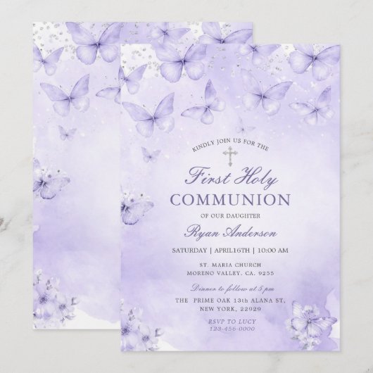 Purple Silver Butterfly First Holy Communion  招待状 (正面/裏面)