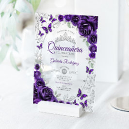 Purple Silver Floral Quinceanera アクリル招待状
