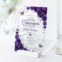 Purple Silver Floral Quinceanera アクリル招待状