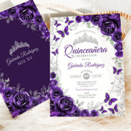 Purple Silver Floral Quinceanera 招待状