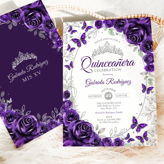 Purple Silver Floral Quinceanera 招待状