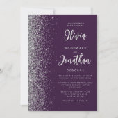 Purple Silver Glitter Calligraphy QR Code Wedding 招待状 (正面)