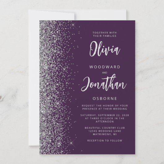 Purple Silver Glitter Calligraphy QR Code Wedding 招待状 (正面)