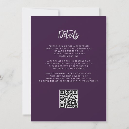 Purple Silver Glitter Calligraphy QR Code Wedding 招待状 (裏面)