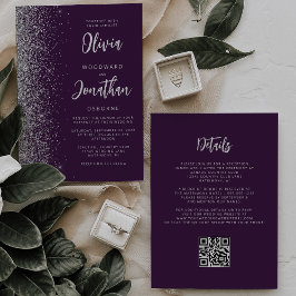 Purple Silver Glitter Calligraphy QR Code Wedding 招待状