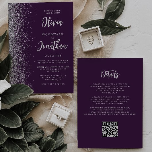 Purple Silver Glitter Calligraphy QR Code Wedding 招待状