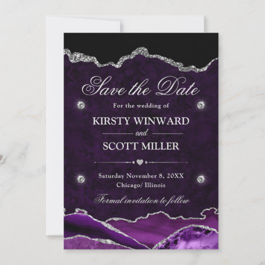 Purple & Silver Glitter Marble Agate Save the Date セーブザデート (正面)