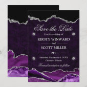 Purple & Silver Glitter Marble Agate Save the Date セーブザデート (正面/裏面)