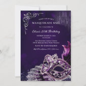 Purple Silver Masquerade Elegant Birthday Party 招待状 (正面)